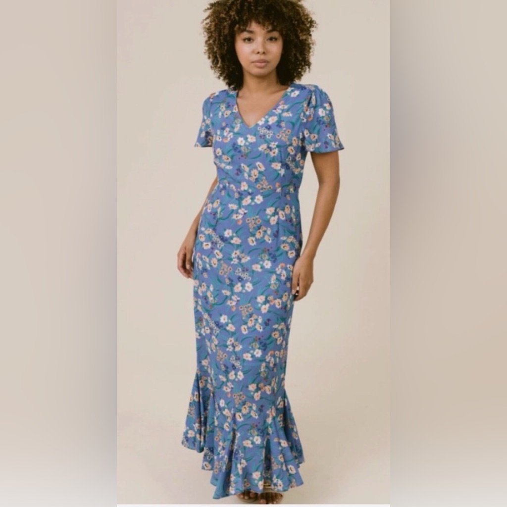 New Laroque Barrett Dress Floral Midi Boho Cottagecore Blue White Size Xs Nwt